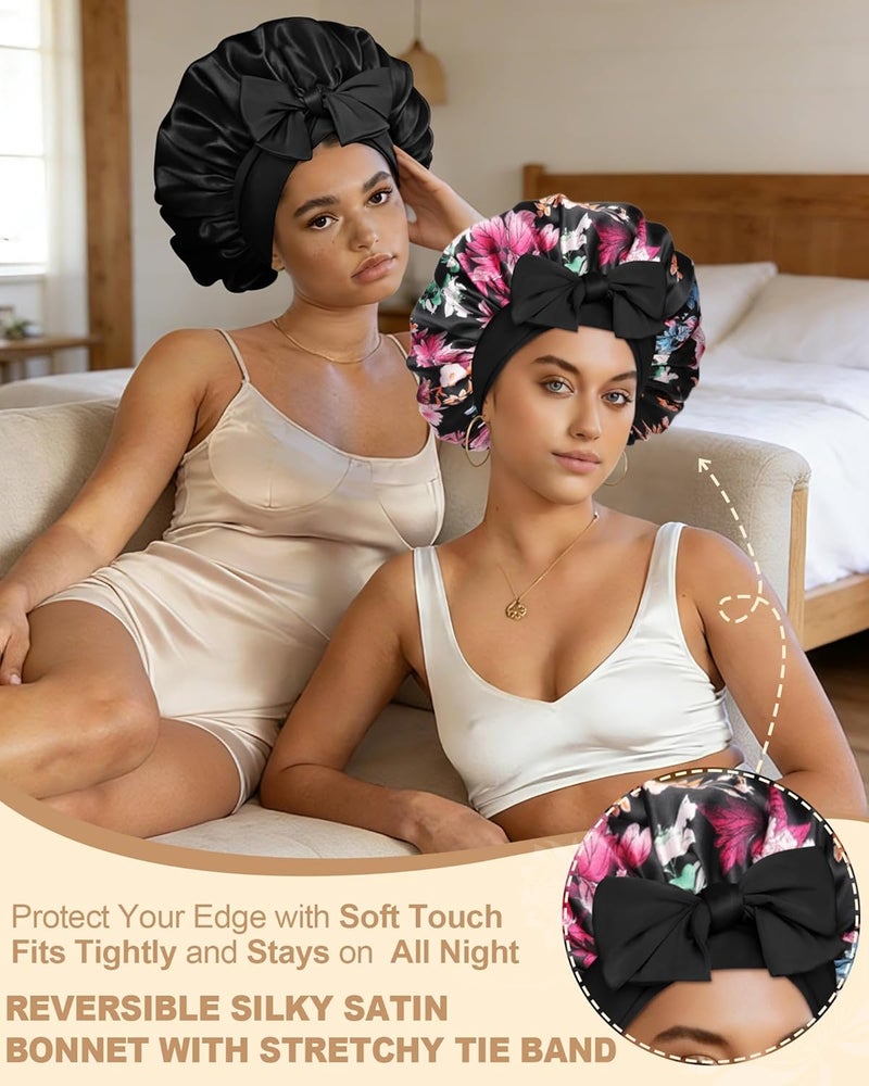 AWAYTR Satin Bonnet for Women Silk Bonnets for Sleeping Curly Hair Bonnet with Elastic Tie Band Reversible Double Layer Sleep Cap Hair Wrap (Rose Red Flowers + Black) - Image 2